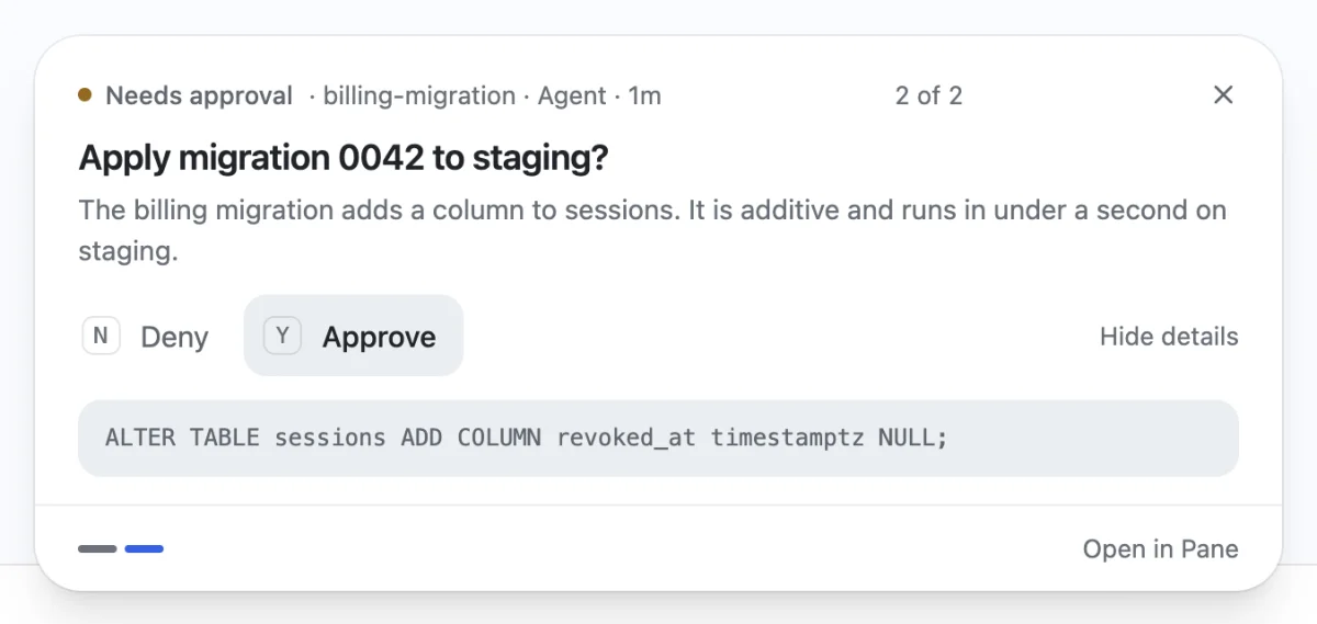 A Notify card asking to approve a database migration, with Approve and Deny.