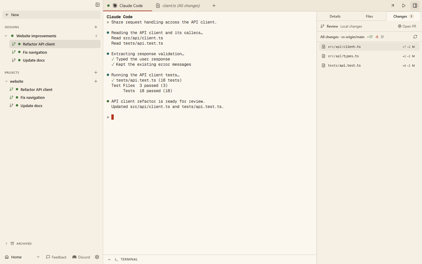 RunPane desktop app with the Refactor API client task open in its Claude Code tab