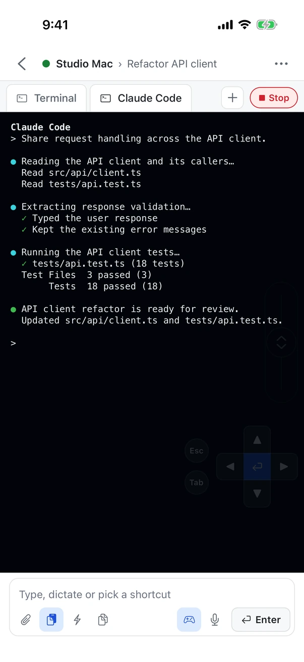 RunPane iPhone app, coming soon, showing the same Refactor API client task with its composer